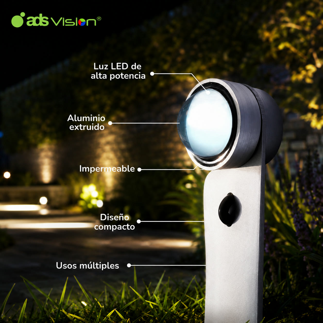 Anuncio hecho con IA para ADS Vision: luz LED de alta potencia para jardín