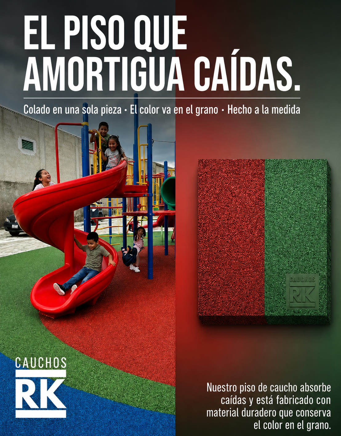 Anuncio hecho con IA para Cauchos RK: el piso que amortigua caídas para áreas infantiles