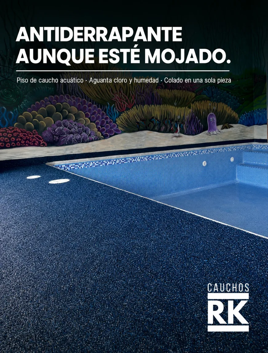 Anuncio hecho con IA para Cauchos RK: piso de caucho acuático antiderrapante para alberca