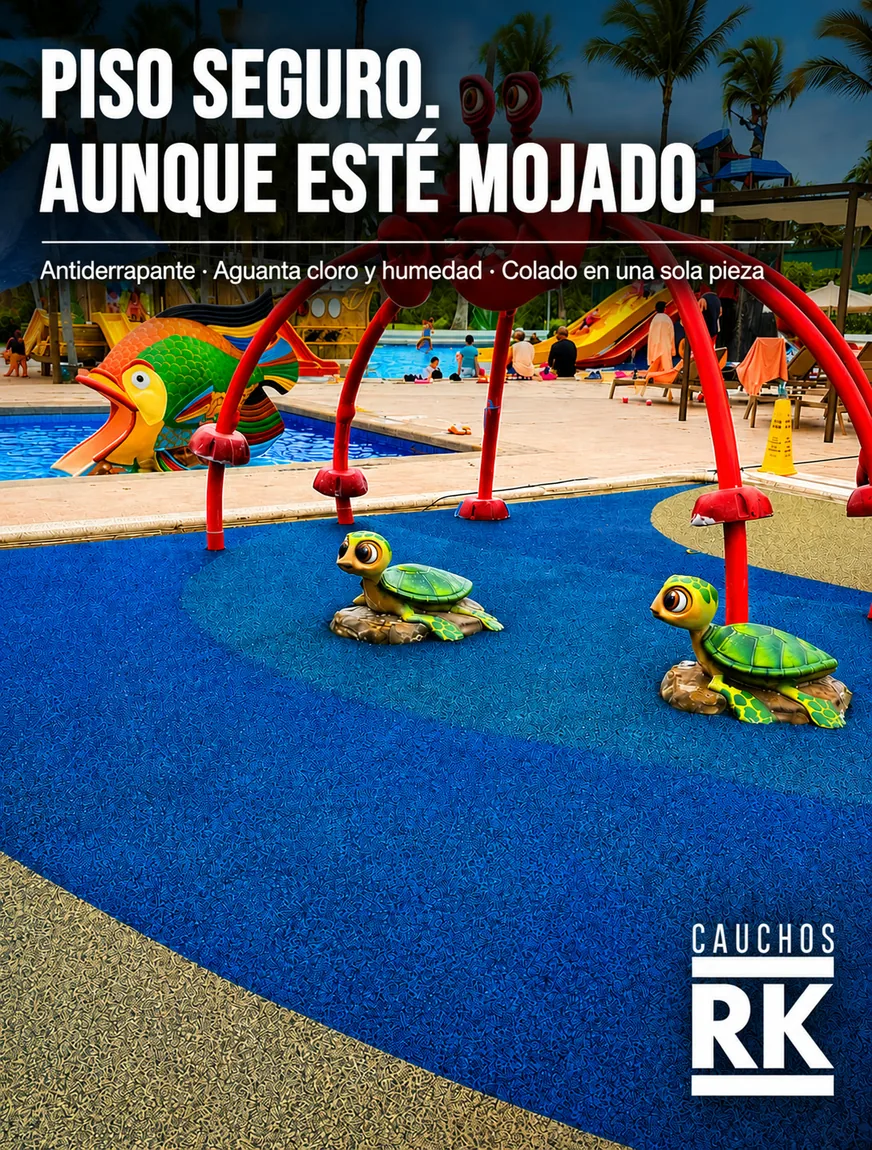 Anuncio hecho con IA para Cauchos RK: piso seguro aunque esté mojado, alberca con tortugas